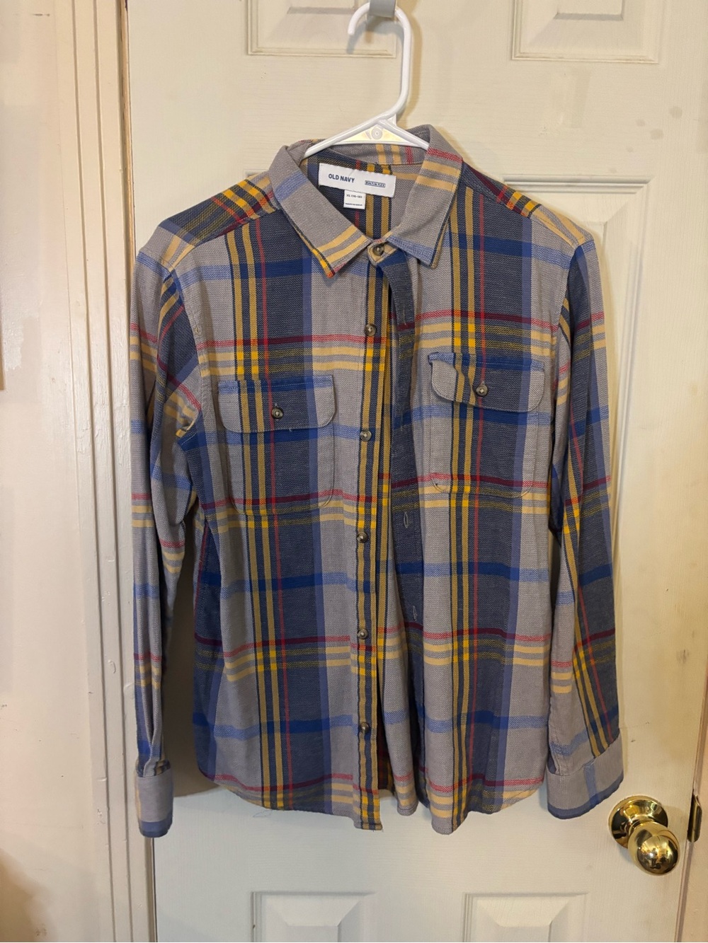 Old Navy Men's Gray Plaid Button-Down Shirt with Blue and Yellow Accents